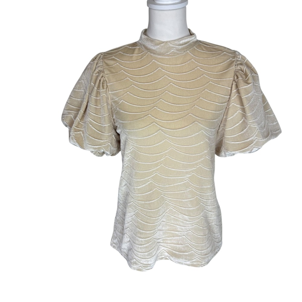 THML Cream Velvet Textured Scallop Puff Sleeve Mock Neck Top XS Holiday